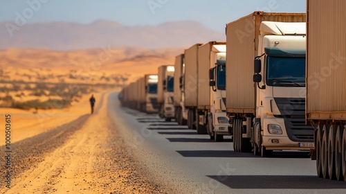 Long line of halted shipping trucks on a barren road, guards inspecting, midday heat, desert landscape, panoramic shot