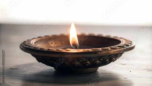 3D Floating Diya with Glowing Light - Gravity Defying Diya Symbolizing Bhai Dooj, Soft Glow in Mid Air, Traditional Icon on White Background photo