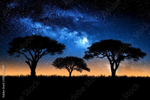 This image captures three silhouetted trees standing elegantly against a stunning backdrop of a starry night sky, blending nature's serenity and the mesmerizing beauty of the cosmos. photo