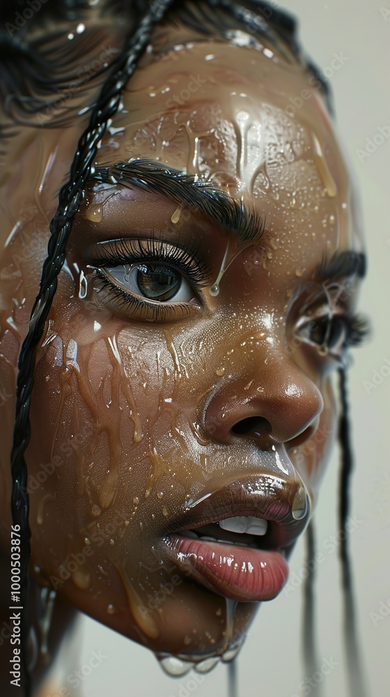 Close-Up Portrait of a Woman with Wet Skin and Dripping Water Close-Up Portrait of a Woman with Wet Skin and Dripping Water