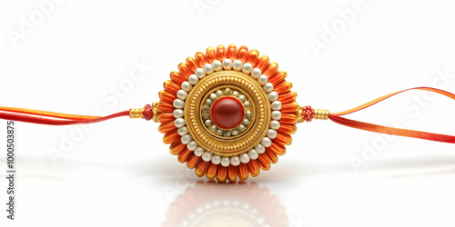 3D Floating Rakhi with Graceful Ribbon Concept - Rakhi Tied to Suspended Ribbon, Softly Glowing Against White Background