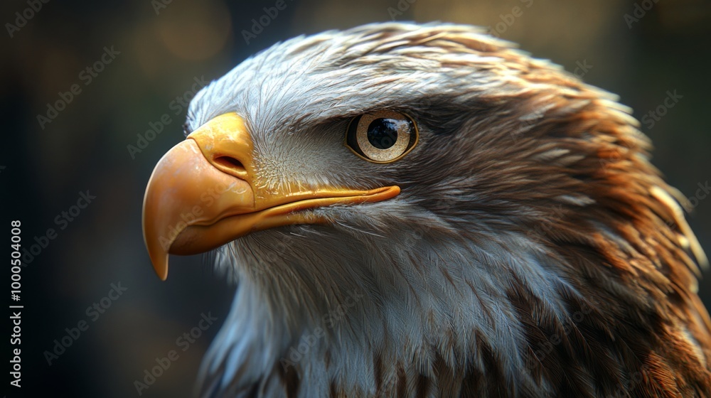 Fototapeta premium A captivating close-up image of a majestic eagle's head, showcasing intricate feather details and a sharp, intense gaze, against a softly blurred background.