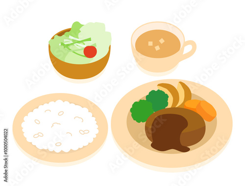 ハンバーグの定食やランチやディナーのイラスト　ライス・サラダ・スープ付きバージョン