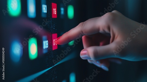 Finger hovering over a candidates name on an electronic voting machine screen, final choice, digital voting process photo