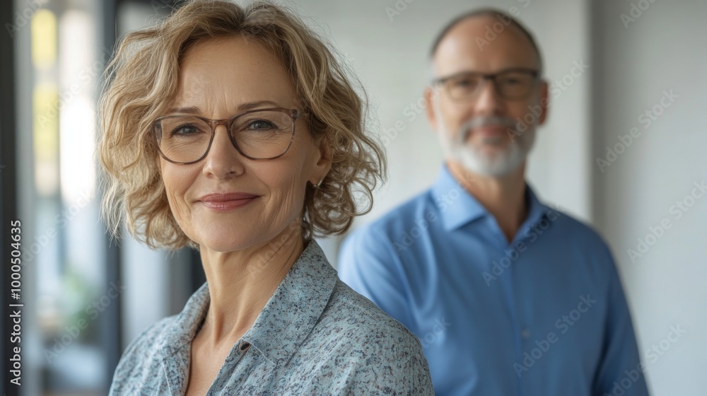 A smiling mature couple stands closely together, radiating warmth and connection, in a softly lit interior setting, capturing a sense of togetherness and joy. A smiling mature couple stands closely together, radiating warmth and connection, in a softly lit interior setting, capturing a sense of togetherness and joy.