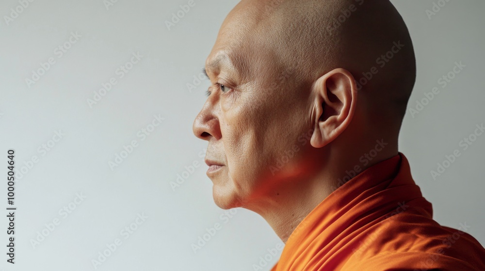 The image shows a close-up side profile of a bald individual wearing an orange robe, possibly depicting a peaceful and reflective moment associated with a monastic lifestyle. The image shows a close-up side profile of a bald individual wearing an orange robe, possibly depicting a peaceful and reflective moment associated with a monastic lifestyle.