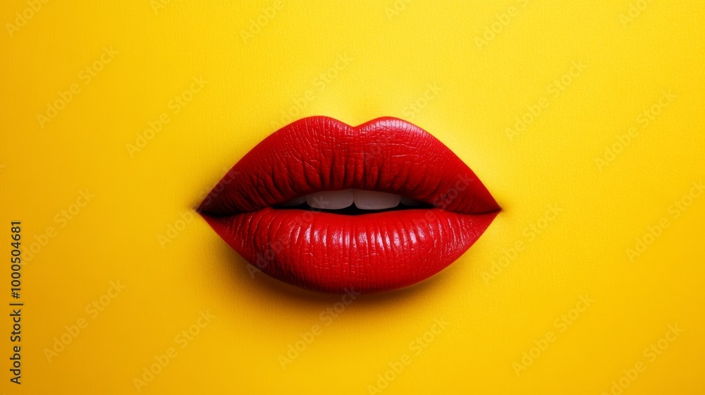 Striking close-up of red lips against a bright yellow background, capturing the vivid contrast and enhancing the visual impact in a minimalistic and bold style. Striking close-up of red lips against a bright yellow background, capturing the vivid contrast and enhancing the visual impact in a minimalistic and bold style.