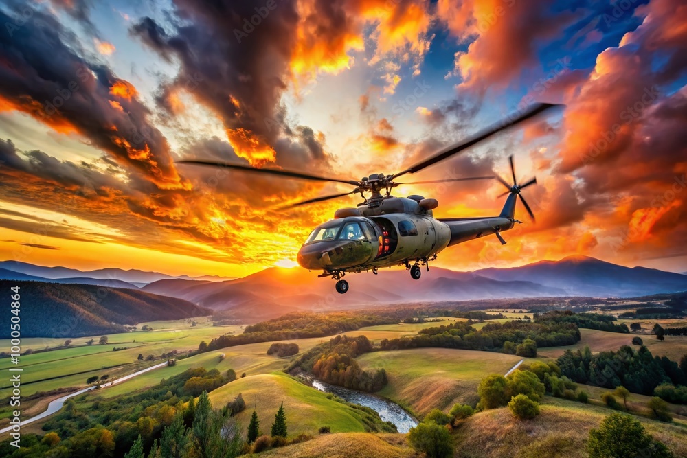 Powerful military helicopter flying over a scenic landscape during a dramatic sunset sky backdrop Powerful military helicopter flying over a scenic landscape during a dramatic sunset sky backdrop