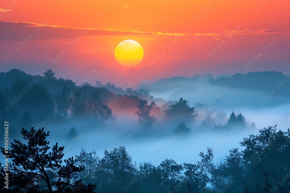 Beautiful sunrise in the misty morning with tree in the foreground Beautiful sunrise in the misty morning with tree in the foreground