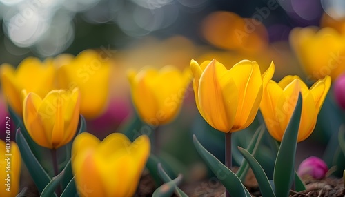 Whimsical Garden Close-Up of Wild Yellow Tulips Bathed in Spring Bokeh Light Conveying Cheerful Outdoor Beauty