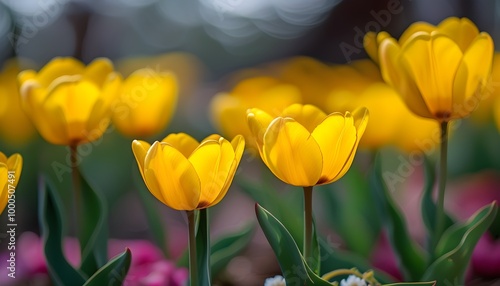 Whimsical Garden Close-Up of Wild Yellow Tulips Bathed in Spring Bokeh Light Conveying Cheerful Outdoor Beauty