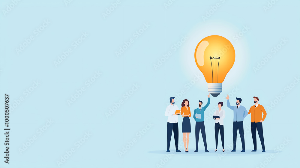 Team brainstorming with idea light bulb. Team brainstorming with idea light bulb.