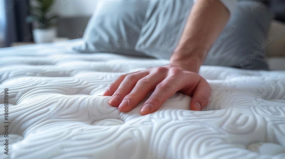 Closeup of man's hand touching soft orthopedic mattress on bed at home Closeup of man's hand touching soft orthopedic mattress on bed at home