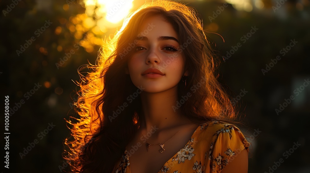 a girl with long hair and a yellow dress is standing in front of a yellow background, Generative AI a girl with long hair and a yellow dress is standing in front of a yellow background, Generative AI