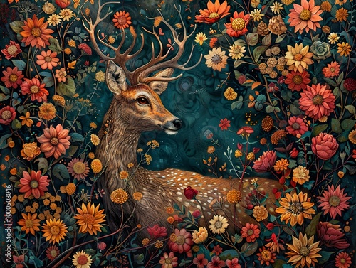 Enchanted Deer in a Floral Paradise: A Dreamlike Nature Illustration photo