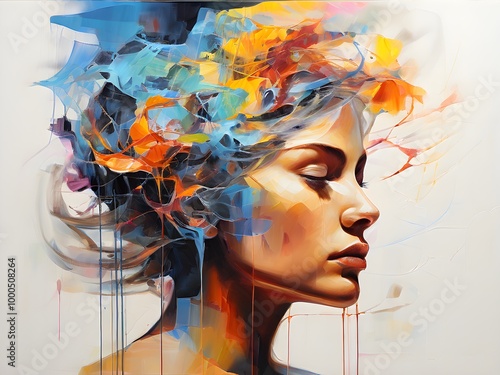 Vibrant profile of young woman. Human head embodying chaotic nature of distressed mind