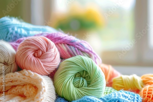 Colorful yarn for knitting on the wooden table with unfinished clothes