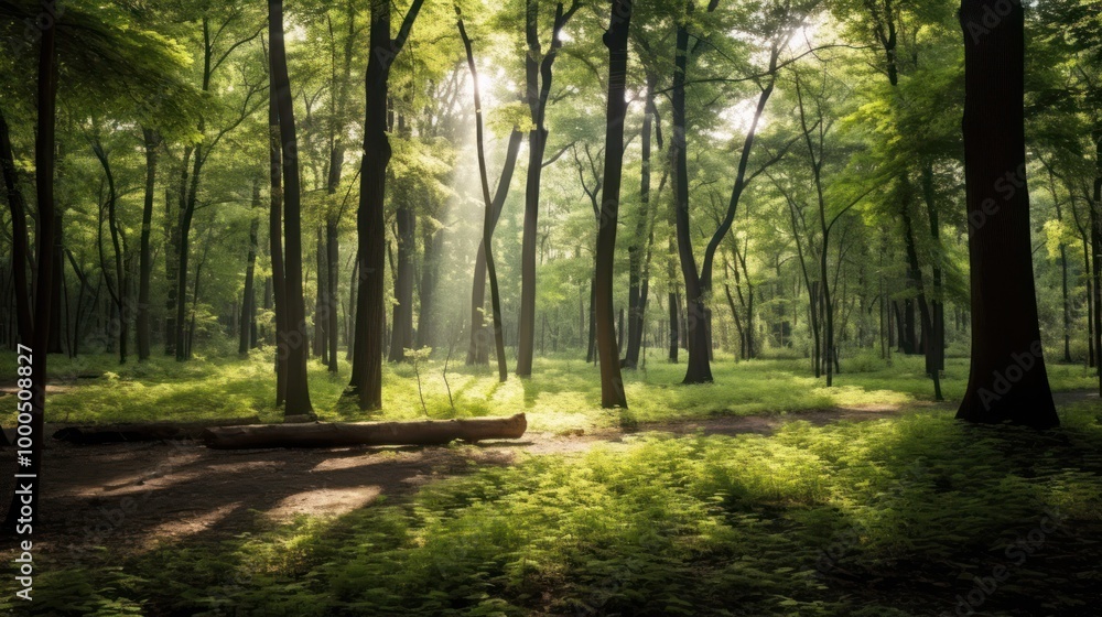 Sunbeams Through the Trees in a Tranquil Forest Sunbeams Through the Trees in a Tranquil Forest