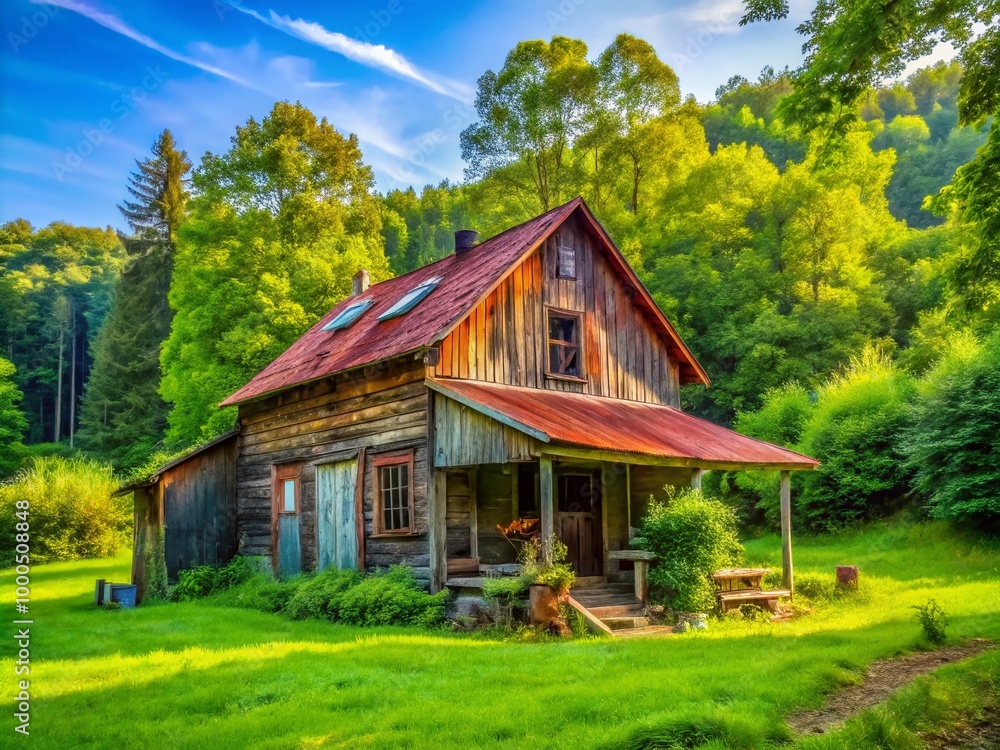 Rustic Redneck House Surrounded by Nature with Old Wooden Structure and Unkempt Lawn in Daylight Rustic Redneck House Surrounded by Nature with Old Wooden Structure and Unkempt Lawn in Daylight
