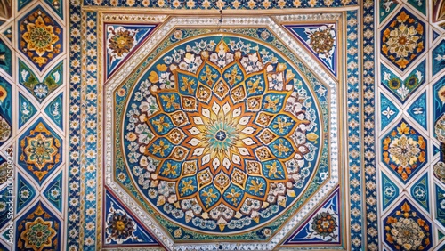 Ornate ceiling with intricate geometric patterns in blue, green, and gold hues.