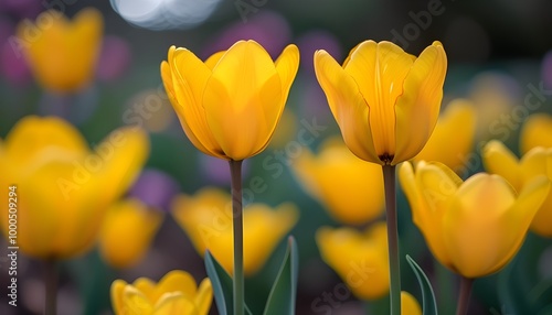 Whimsical Garden Close-Up of Wild Yellow Tulips Bathed in Spring Bokeh Light Conveying Cheerful Outdoor Beauty