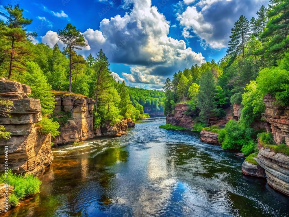Scenic Dells of the Eau Claire River with Lush Greenery and Serene Waters in Natural Landscape Scenic Dells of the Eau Claire River with Lush Greenery and Serene Waters in Natural Landscape