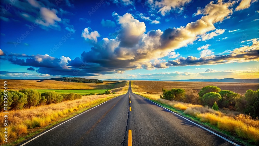 Scenic Drive into the Horizon with Open Road and Blue Sky in a Serene Landscape Setting Scenic Drive into the Horizon with Open Road and Blue Sky in a Serene Landscape Setting