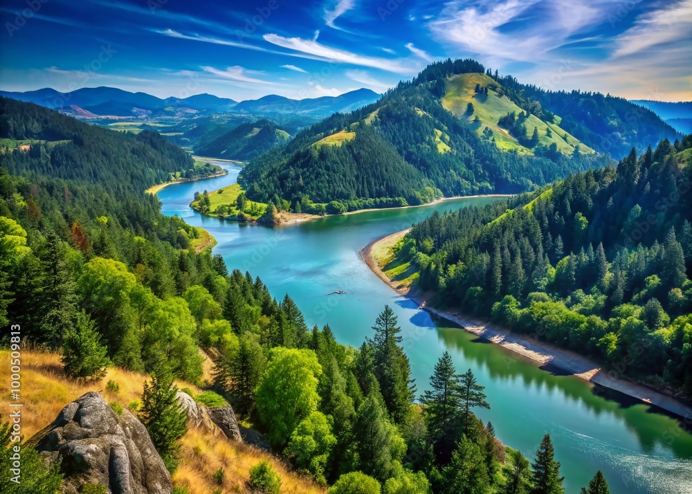 Scenic Klamath River Overlook with Lush Greenery and Majestic Mountains Under a Clear Blue Sky Scenic Klamath River Overlook with Lush Greenery and Majestic Mountains Under a Clear Blue Sky