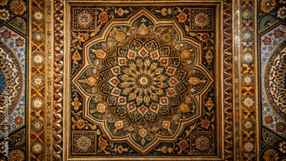 Intricate mosaic ceiling with geometric patterns in a warm color palette. Intricate mosaic ceiling with geometric patterns in a warm color palette.