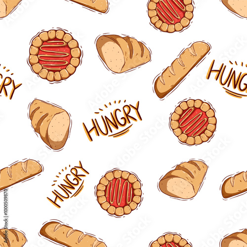 cute doodle bakery or snack food in seamless pattern 