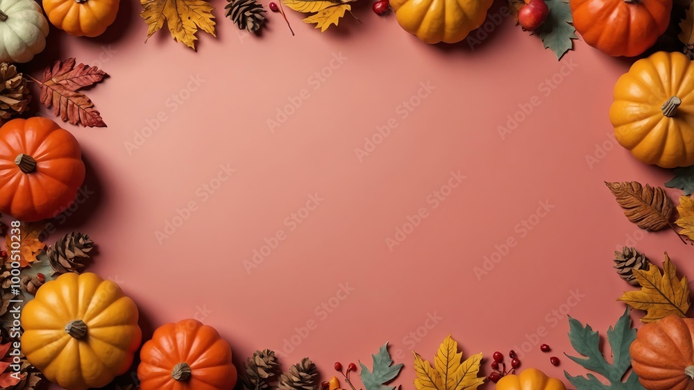 Thanksgiving decoration border 3D rendering in pastel red background Thanksgiving decoration border 3D rendering in pastel red background