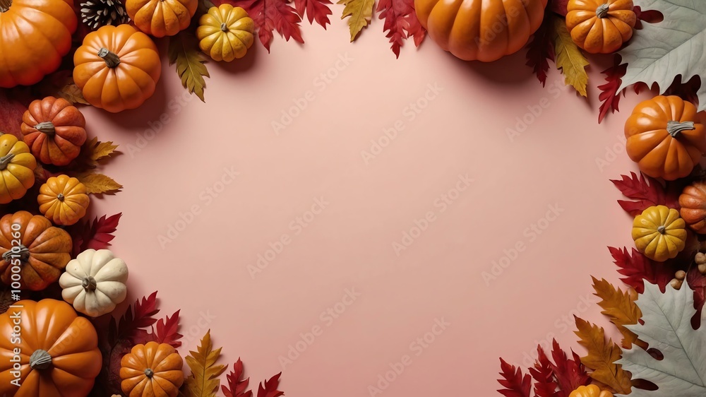 Thanksgiving decoration border 3D rendering in pastel red background Thanksgiving decoration border 3D rendering in pastel red background