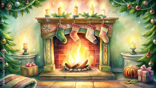 Title: Cozy Christmas fireplace with stockings, candles, and festive decor