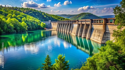 Scenic View of Heber Springs Dam Surrounded by Lush Greenery and Calm Water Under Clear Blue Sky