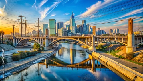 Scenic view of Los Angeles River bridge with urban skyline and blue sky in the background