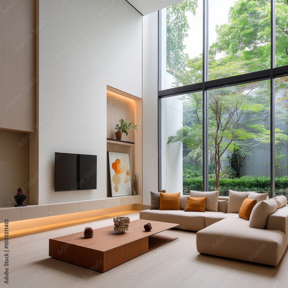 Fototapeta premium Luxurious Living Room with White Fireplace and Neutral Decor