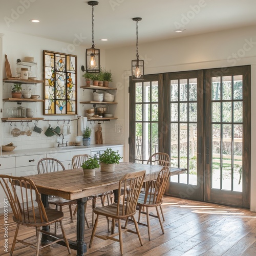 Wallpaper Mural Modern Kitchen Dining Space With L-Shaped Counter Wooden Island Pendant Lights and Rustic Beams. Torontodigital.ca