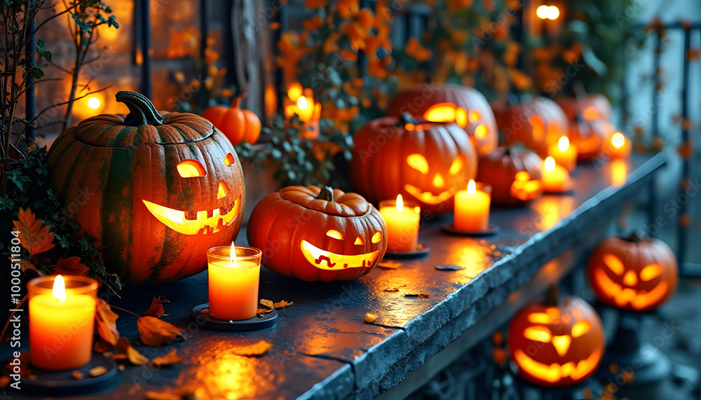 Fototapeta premium Illuminated Jack O Lanterns with Candles for Halloween Decor