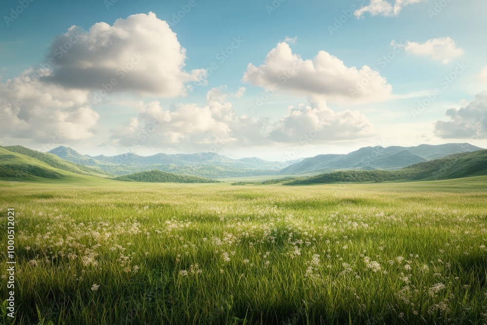 Fototapeta premium Breathtaking panoramic view of lush green fields and majestic hills under a tranquil sky.