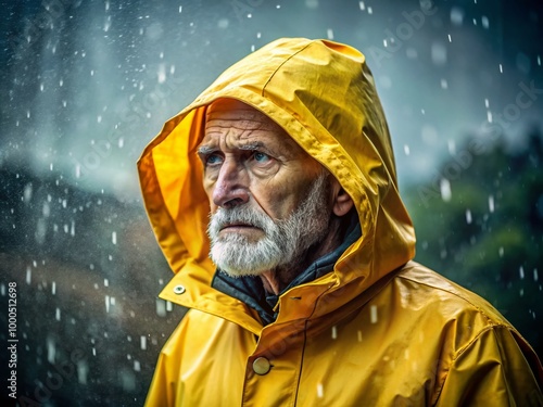 Senior Individual in Raincoat Reflecting Sadness on a Gloomy Day Amidst Rainy Weather Conditions photo