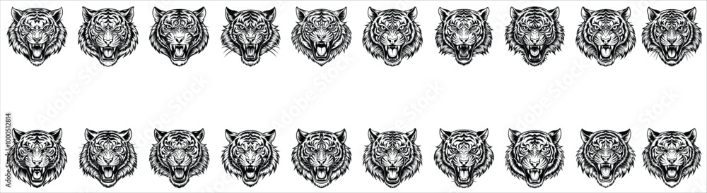 Fototapeta premium Tiger head line art silhouette vector illustration isolated on a white background.