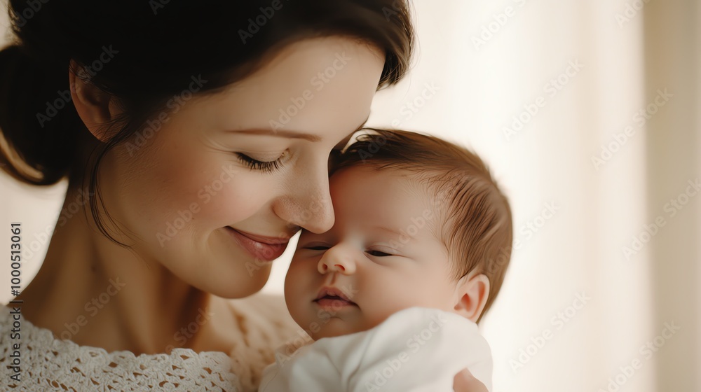 Woman smiling softly at a newborn baby, closeup, soft focus, warm indoor light Woman smiling softly at a newborn baby, closeup, soft focus, warm indoor light