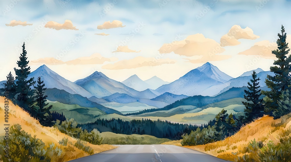 Watercolor stunning scenic view of mountains and trees under a clear sky, showcasing the beauty of nature on a serene day. Watercolor stunning scenic view of mountains and trees under a clear sky, showcasing the beauty of nature on a serene day.