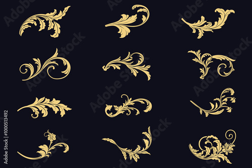 Set luxury gold baroque victorian filigree, scroll floral pattern elements, engraving decorative calligraphic ornamental vector illustration