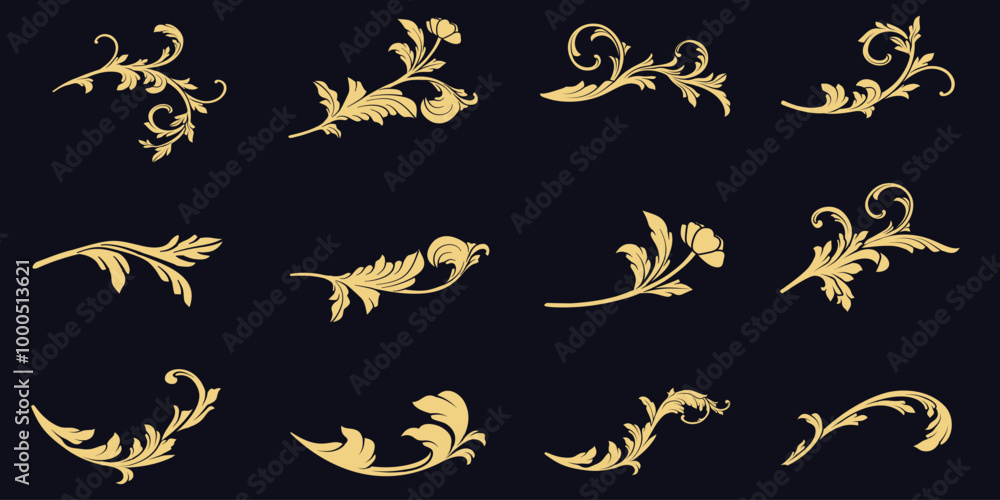 Obraz premium Set of golden baroque decorative ornaments, luxury gold filigree elements, vector illustration