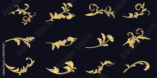Set of golden baroque decorative ornaments, luxury gold filigree elements, vector illustration