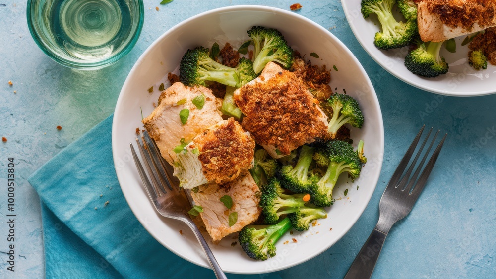 Top View of Chicken Divan with Broccoli and Panko Topping Top View of Chicken Divan with Broccoli and Panko Topping