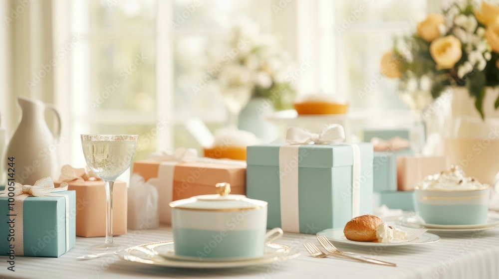 A tea party table setting with elegant pastel-colored gift boxes, fine china, and soft decorations in a bright, serene environment A tea party table setting with elegant pastel-colored gift boxes, fine china, and soft decorations in a bright, serene environment