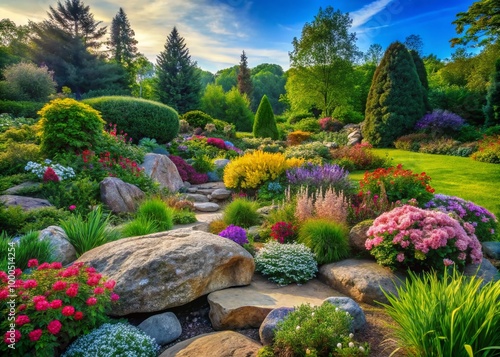 Serene Garden Landscape Featuring Natural Boulders Surrounded by Lush Greenery and Vibrant Flowers