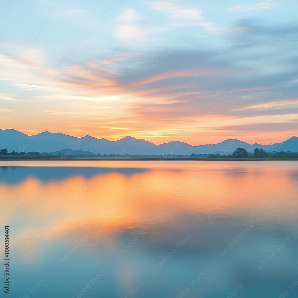 Serene Sunrise Over Tranquil Lake with Majestic Mountain Silhouette Serene Sunrise Over Tranquil Lake with Majestic Mountain Silhouette
